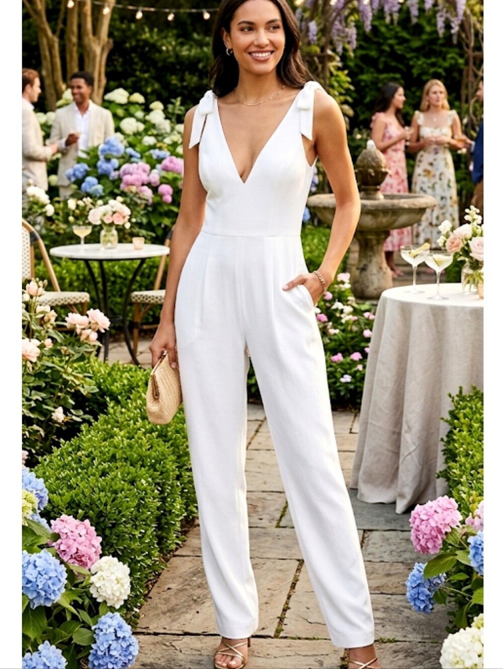 Dress the Population Maira Jumpsuit White V-neck Size Small NWT